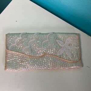 Sharonee Vintage Sparkle Clutch Bag with Sequins 4.5" X 8.5" Ivory Made in Japan